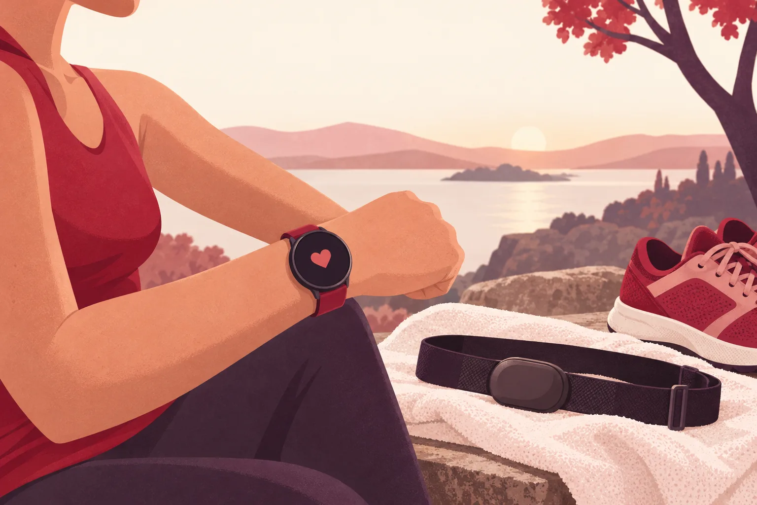Illustration of a fitness watch on a wrist and a chest strap heart rate monitor
