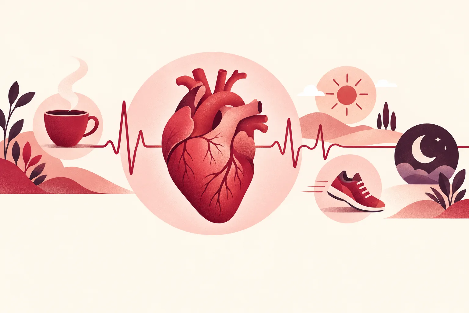 Illustration of a heart with an ECG line and everyday influences: coffee, sun, exercise and sleep